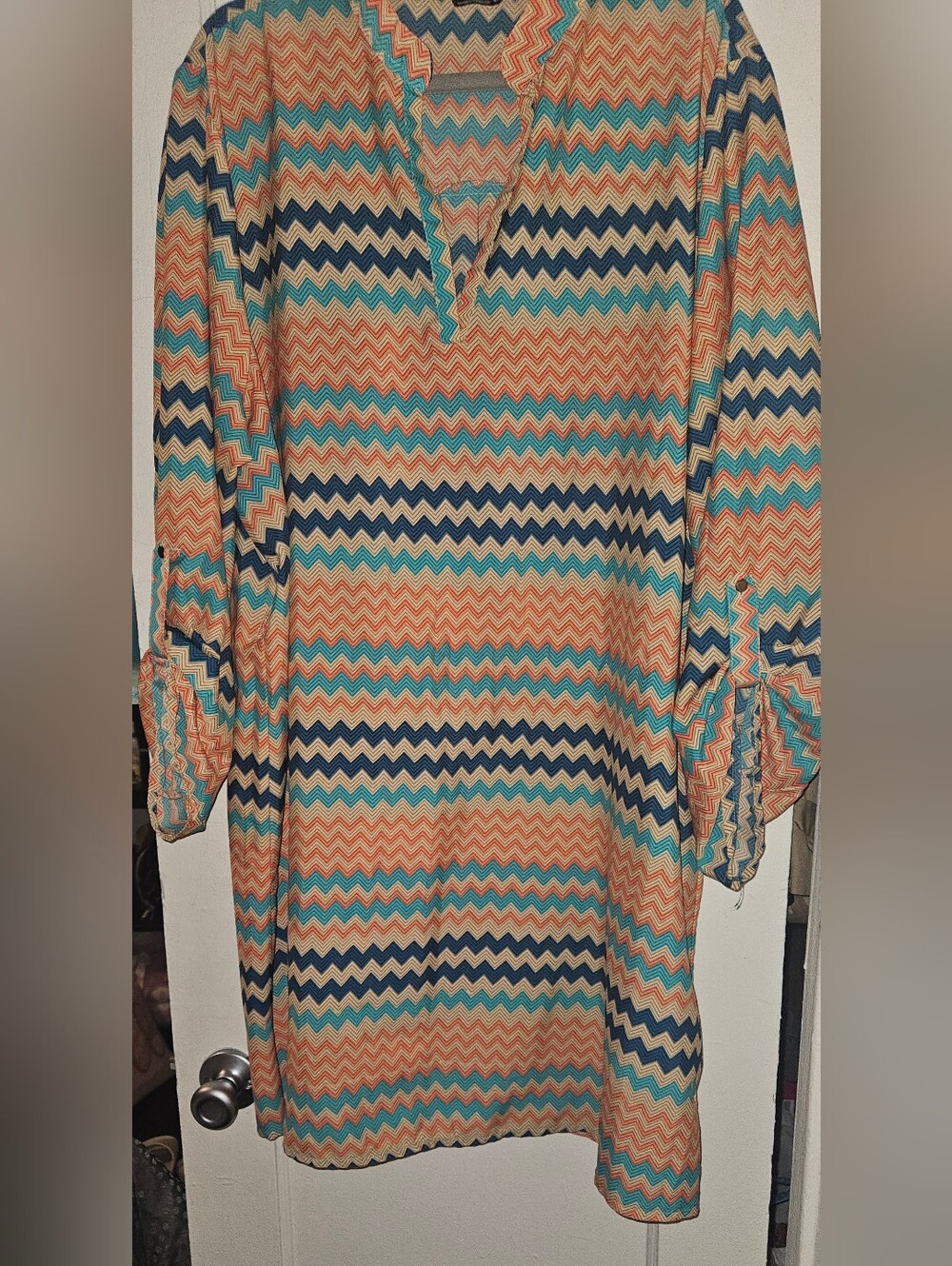 Indulge Chevron Dress in Teal, Coral & Navy Size 3X